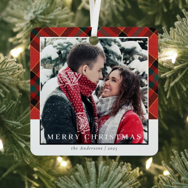 Ornement En Métal Style moderne Rouge Plaid Photo Couple de Noël (Insitu)