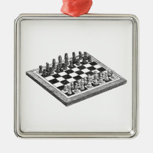 Ornement En Métal Tableau d'échecs et pièces d'échecs Art Vintage