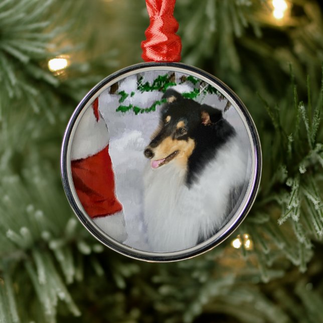 Ornement En Métal Tri Couleur Rosée Collie Avec Noël Père Noël (Arbre)