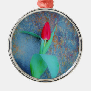 Ornement En Métal Tulipe rouge sur ardoise gris bleu