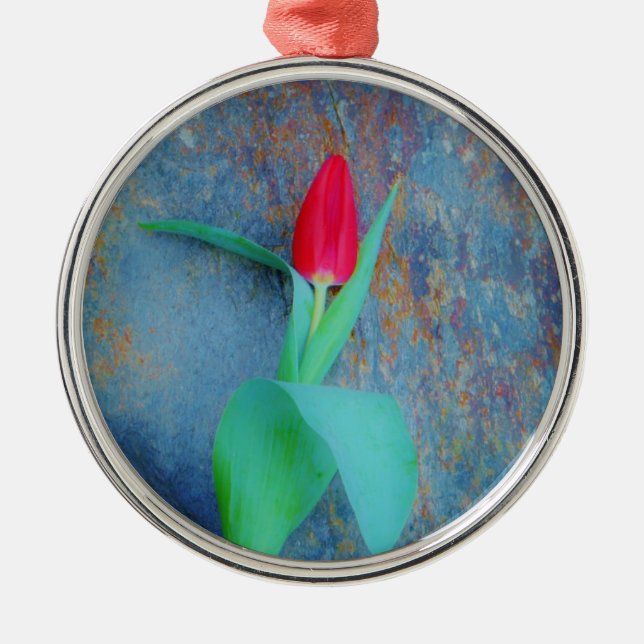Ornement En Métal Tulipe rouge sur ardoise gris bleu (Devant)