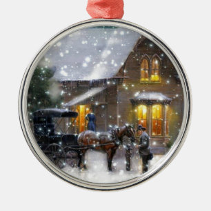 Ornement En Métal Vintage Noël Cheval Carrie Scène d'hiver
