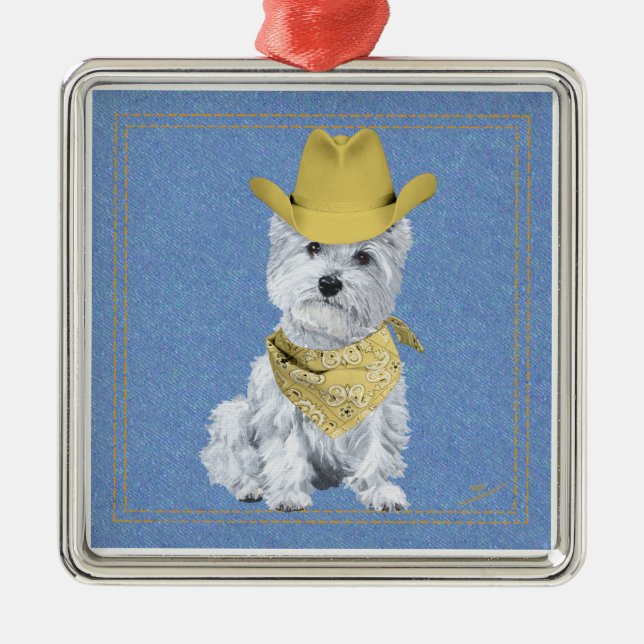 Ornement En Métal Westie cowboy on Denim (Devant)