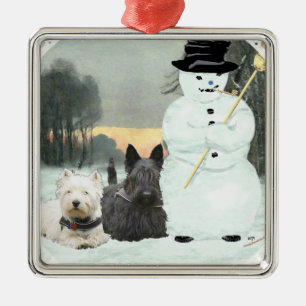 Ornement En Métal Westie & Scottie Construire un Snowman