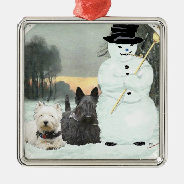 Ornement En Métal Westie & Scottie Construire un Snowman (Devant)