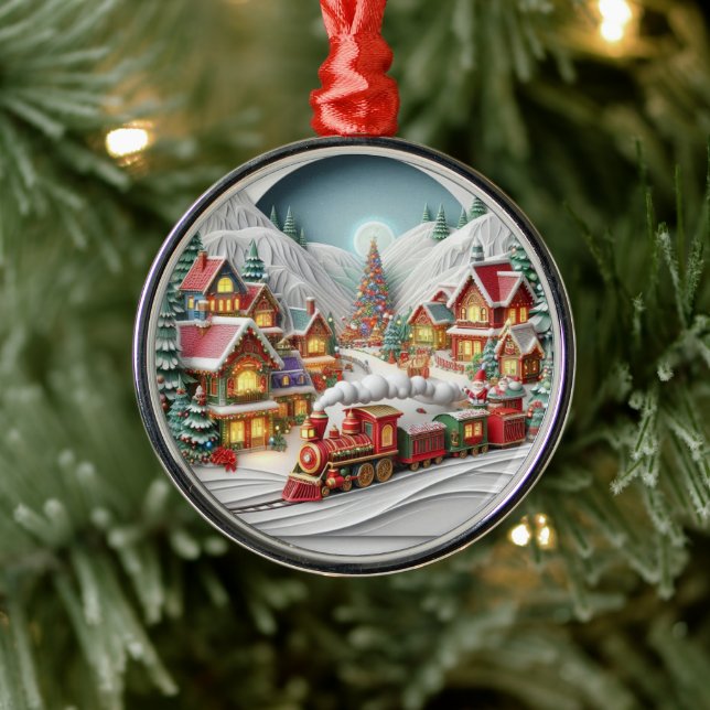 Ornement En Métal Whimsical Christmas Village with Train Ornament (Arbre)