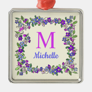 Ornement En Métal Your Monogram & Name in Flower Frame