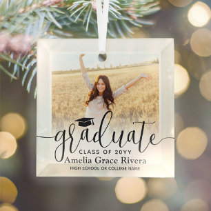 Ornement En Verre 1 Graduation Photo Elégant Noir Script Classe Anné