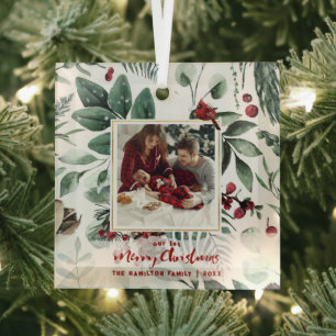 Ornement En Verre 1er Noël en famille 2-Photo aquarelle houx