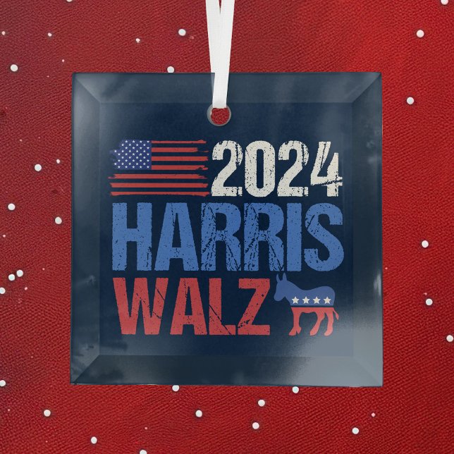 Ornement En Verre 2024 Harris Walz Democrat Donkey Blue Christmas (Créateur téléchargé)