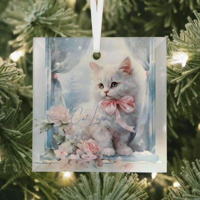 Ornement En Verre Amoureux des chats White Kitten Bow rose (Insitu)