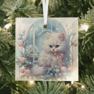 Ornement En Verre Amoureux des chats White Kitten Bow rose et boules