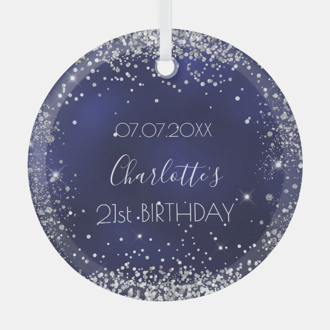 Ornement En Verre Anniversaire marine bleu argent parties scintillan (Recto)