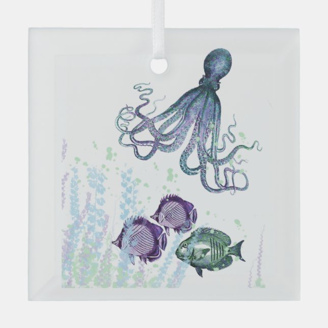 Ornement En Verre Aquarelle amusante Octopus Poisson sous l'eau scèn (Recto)