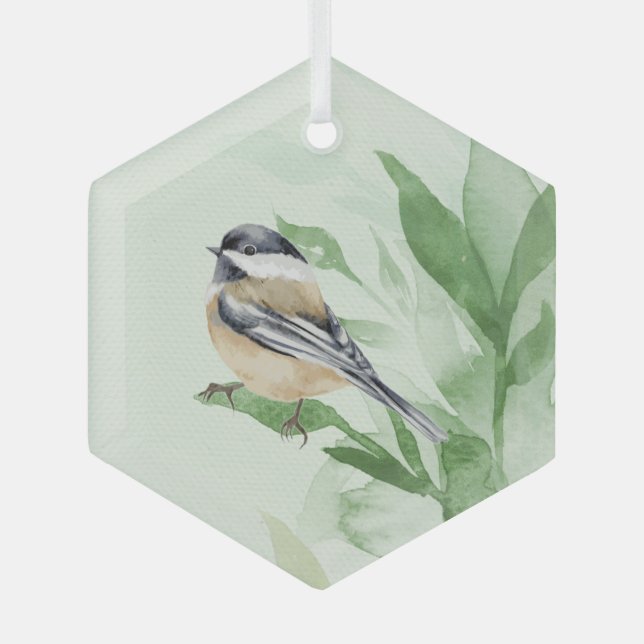 Ornement En Verre Aquarelle Chickadee Spring Willow Feuilles (Recto)