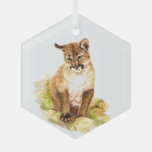 Ornement En Verre Aquarelle Cougar Kitten Art animal sauvage (Recto)