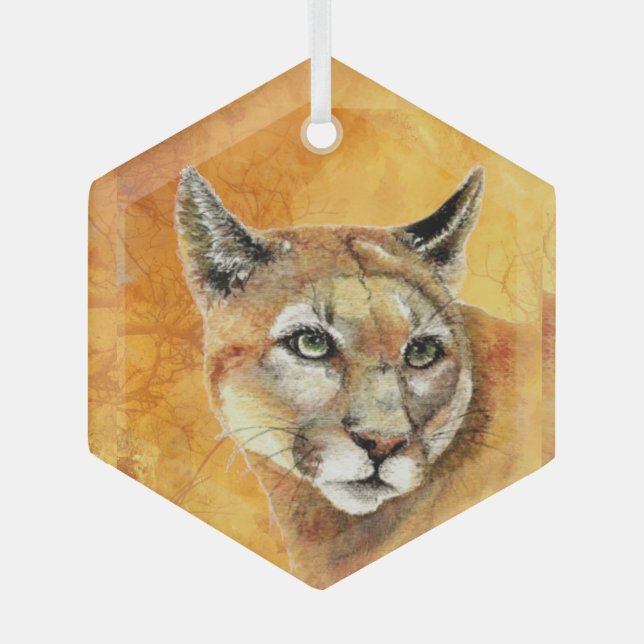 Ornement En Verre Aquarelle Cougar Mountain Lion Animaux (Recto)