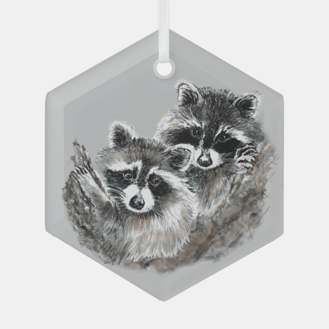 Ornement En Verre Aquarelle Cute Cuddin Raccoon Amis ou famille (Recto)