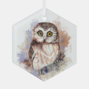 Ornement En Verre Aquarelle Cute Little Owl Nature Ranch Art