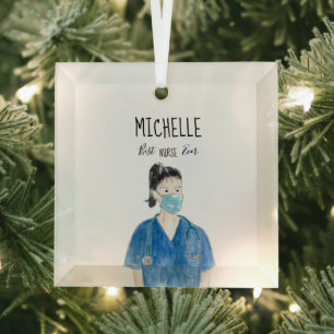 Ornement En Verre Aquarelle Femme Meilleure infirmière jamais visage