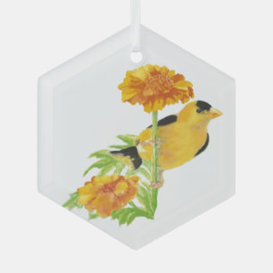 Ornement En Verre Aquarelle Goldfinch Oiseau Marigold Fleur du jardi