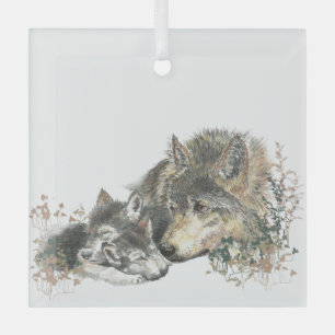 Ornement En Verre Aquarelle Loup Parent & Cube Faune Nature Art
