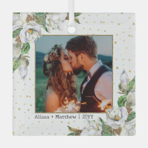 Ornement En Verre Aquarelle Magnolias Mariage de Couple Daté