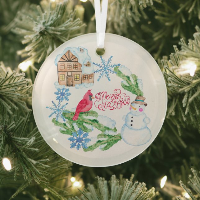 Ornement En Verre Aquarelle Snowman Snowflakes Joyeux Noël (Insitu)