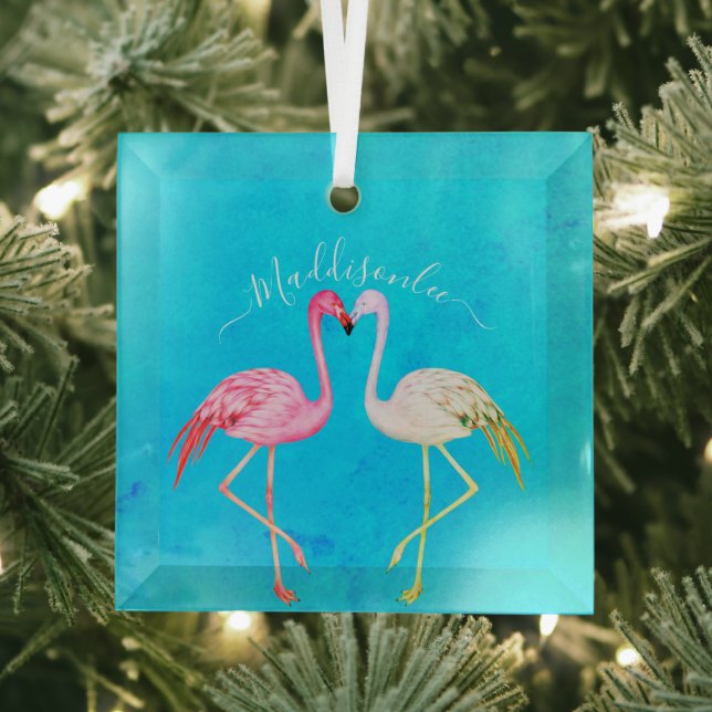 Ornement En Verre Aquarelle turquoise tropicale Monogramme Flamant r (Insitu)