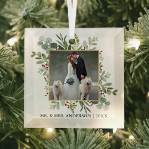 Ornement En Verre Aquarelle verte Holly Berries Photo Mariage