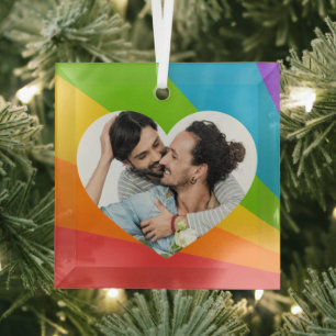 Ornement En Verre Arc en ciel LGBT Couple Photo Coeur romantique Noë