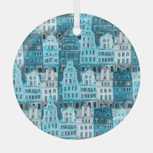 Ornement En Verre Architecture d'Amsterdam, aquarelle bleue.