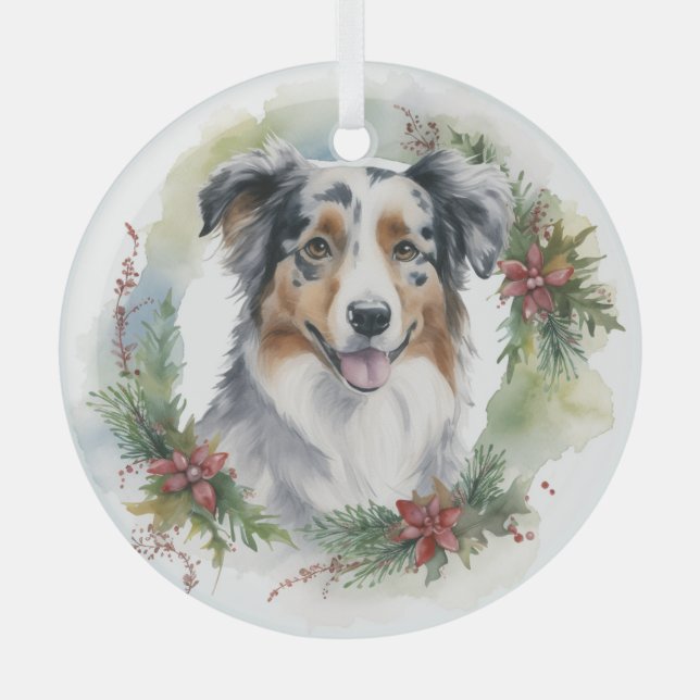 Ornement En Verre Australian Shepherd Christmas Wreath Festive Pup (Recto)