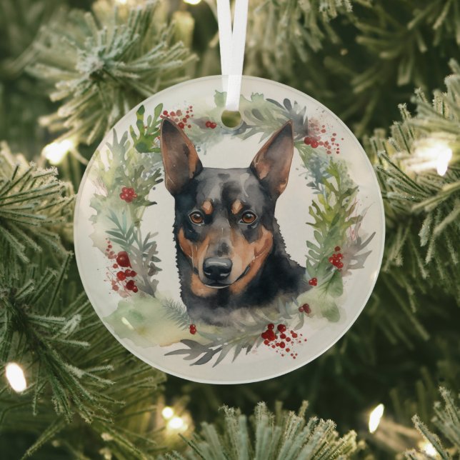 Ornement En Verre Australie Kelpie Noël Wreath Festive Pup (Insitu)