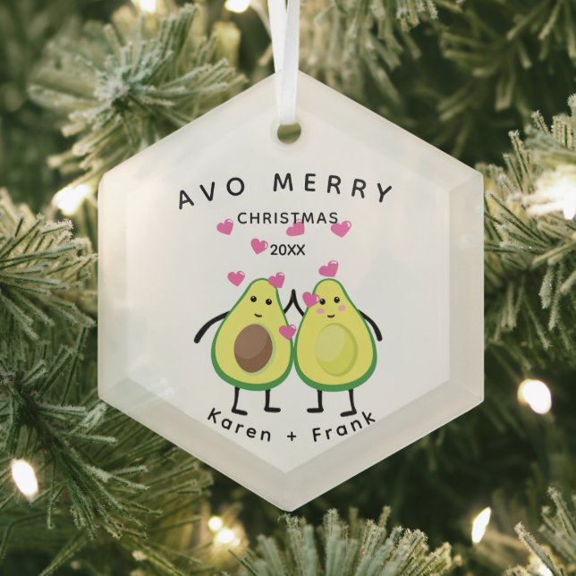 Ornement En Verre Avo Joyeux Noël ! Adorable couple Avocado (Insitu)