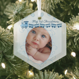 Ornement En Verre Baby Boy Photo Blue Choo Choo Train Enregistrement