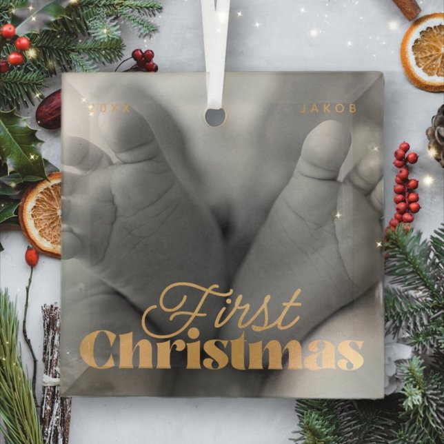 Ornement En Verre Baby First Christmas Élégant Photo personnalisée m (Créateur téléchargé)