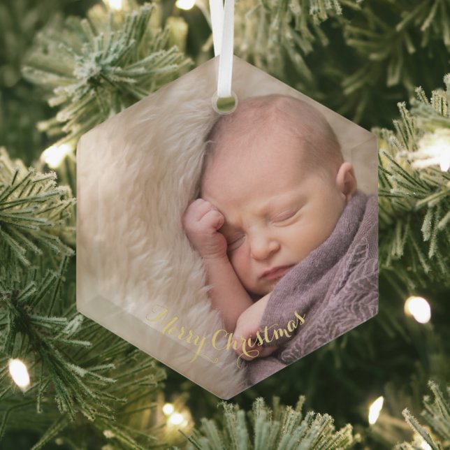 Ornement En Verre Baby Girl Boy First 1st Christmas Photo Hexagon (Insitu)