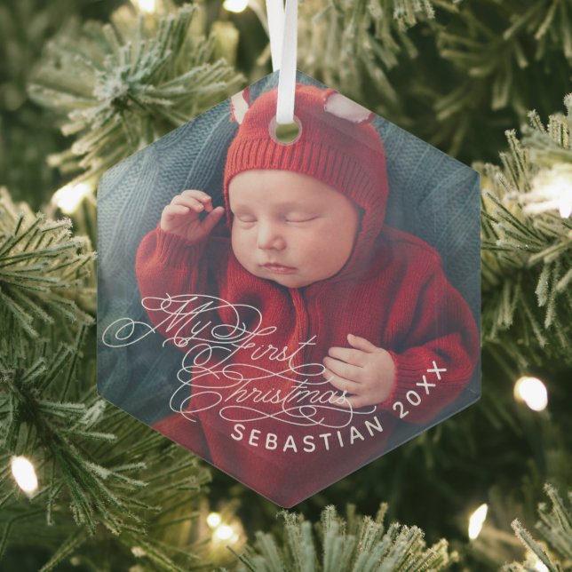 Ornement En Verre Baby My First Christmas Custom Text Photo Élégante (Insitu)