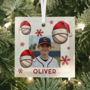 Ornement En Verre Baseball Balle Chapeau de Père Noël Nom Photo Noël