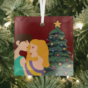 Ornement En Verre Beautiful Lesbian Couple Art Christmas Tree Red