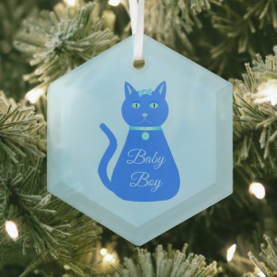 Ornement En Verre Bébé Bleu mignon chat Personnalisé Premier Noël