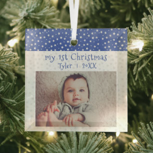 Ornement En Verre Bébé mou`s 1`st Noël Bleu Étoiles Photo Bébé