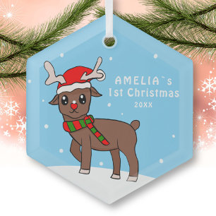 Ornement En Verre Bébé`s 1er Noël mignonne Dessin de cerfs Neige
