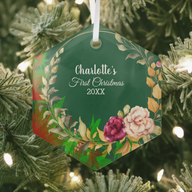 Ornement En Verre Bébés 1er Noël Aquarelle Florale Wreath Green (Insitu)