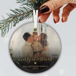 Ornement En Verre Black Gold Script Family Photo Joyeux Noël