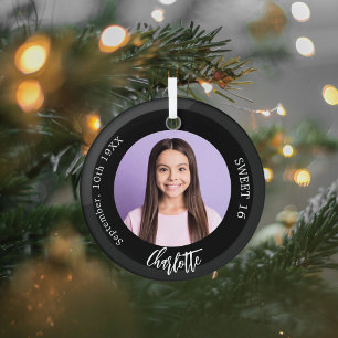 Ornement En Verre Black white photo personnalisée Sweet 16