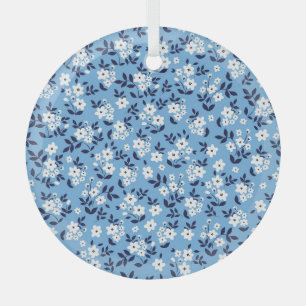 Ornement En Verre Bleu, Fleurs blanches : Vintage