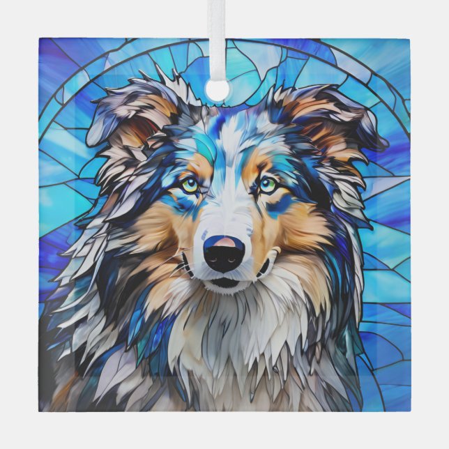 Ornement En Verre Bleu Merle Collie Chien "Verre Tiré" (Recto)