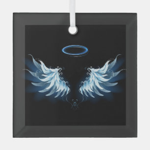 Ornement En Verre Blue Glowing Angel Wings on black background